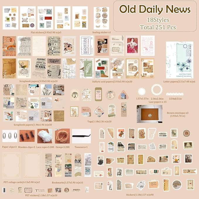 Flartmo 284 Pcs Complete Scrapbook Supplies Kit, Vintage Old Times Scrapbook Paper & Stickers, Junk Journal Scrapbooking Supplies Kit for Journaling, Scrapbooking Embellishments, Planner, Card