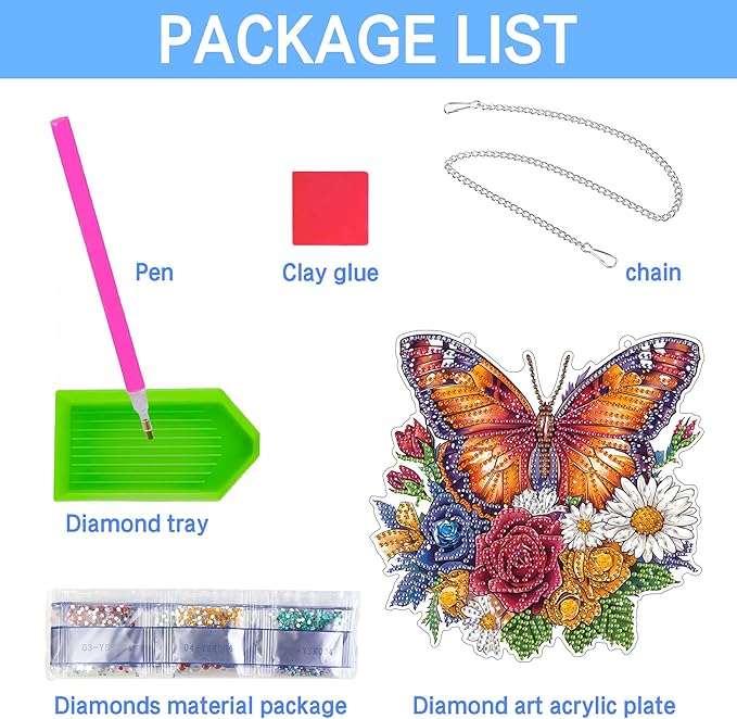 VAIIEYO Butterfly Diamond Art Hanging Ornament, Flower Diamond Painting Suncatchers Window Hanging Kit with Chain, 7.5x7.5 inch Crystal Pendant Art Craft for Gift Home Wall Front Door Decoration
