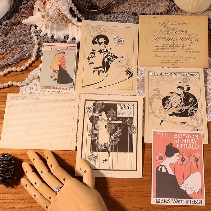 CATaireen Vintage Junk-Journal Mixed Paper Scrapbooking Embellishments Set Retro Journaling Decoupage Stickers Textured Packaging Decorative Cards Tags Kit (Poster C)