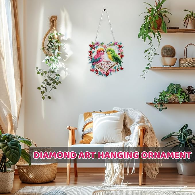 MEIYUDA Valentine's Day Diamond Art Hanging Kits for Adult, A Pair of Birds Diamond Painting Hanging Kits Ornaments, DIY Special Shaped Rhinestone Window Pendants kit for Home Garden Wall Decor Gift
