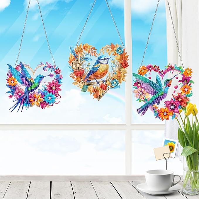 MaiYiYi 3 PCS Hanging Diamond Art Pendant Painting Kit Colorful Bird Special Crystal Gem Craft Painting Set Sparrow Diamond Painting Ornaments for Adult Home Wall Window Decor (12.59X7.67 in)