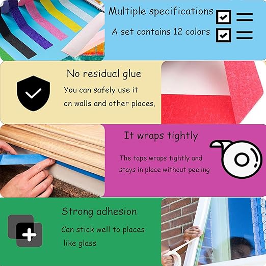 12 Rolls Colored Masking Tape Set,0.6in x 14.2yd Colorful Washi Tape for Kids Crafts, Scrapbooking, Journaling, DIY Projects, Decorative Craft Tape, Painters Tape Colors Variety Pack