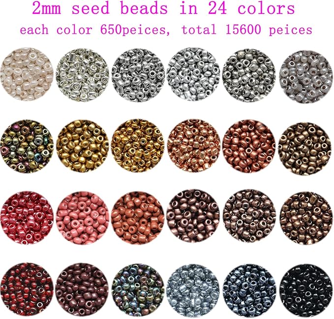 12/0 Glass Seed Beads About 15600pcs 24 Colors 2mm Loose Seed Beads Kit Bracelet Making with 24-Grid Plastic Storage Box for Jewelry Making