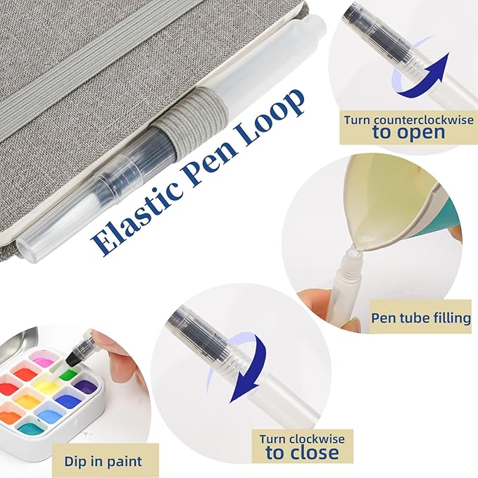 Vienrose Mini Portable Watercolor Palette Set for Travel & Outdoor Painting with 8.5" x 5.5" Linen Cover Watercolor Sketchbook, 24-Color Watercolor Paints, 3 Pens, Artist Tape & Storage Bag