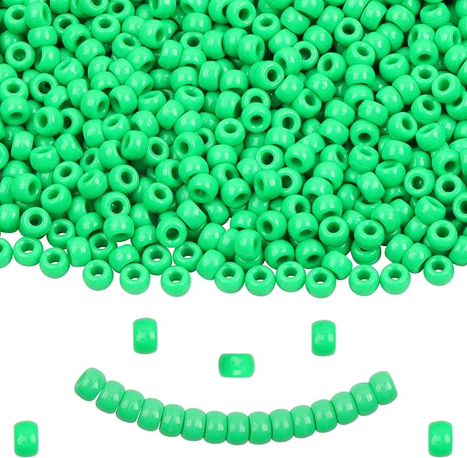 Green Pony Beads - Bulk 6x9mm Large Hole Plastic Beads for Jewelry Making - 1000 Pcs for Friendship Bracelets, Necklace, Festival Decoration & Hair Braiding