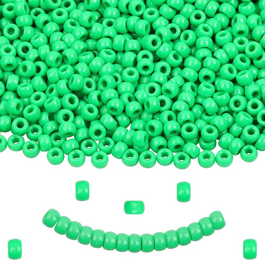 Green Pony Beads - Bulk 6x9mm Large Hole Plastic Beads for Jewelry Making - 1000 Pcs for Friendship Bracelets, Necklace, Festival Decoration & Hair Braiding