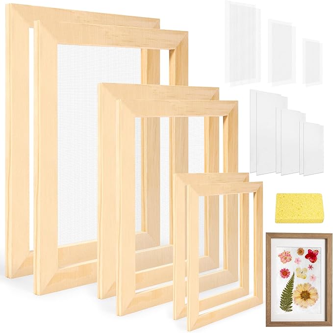Caydo 3 Pieces Paper Making Frame Kit, Papermaking Mould and Deckle with Mesh, Absorbent Paper and Sponge for Kids Adults Supplies A5 A6 A7 (7.5 x 9.8 Inches,5 x 7 Inches, 4.5 x 5.7 Inches)