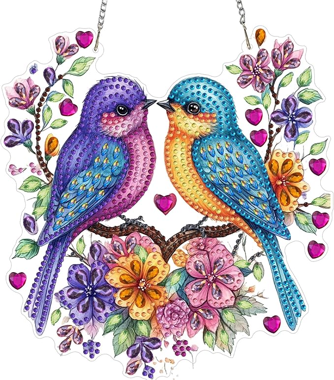 KEYIFA Birds Diamond Painting Kit, DIY Flower Diamond Art for Adults, Diamonds Pendant Special Shaped Rhinestone Window Hanging Ornaments Home Garden Wall Door Decoration, 20cm Width