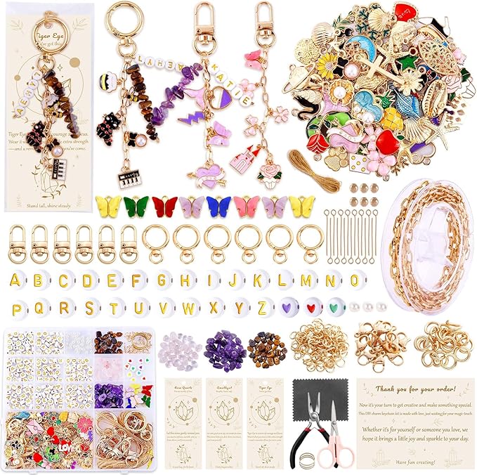 TOHONGADON 674 Pcs Lip Gloss Charms, Keychain Making Kit, Bag Charm Kit with 3 Kinds of Crystal Stones, 322 Charms, 12 Keychain Clips, Key Ring Jewelry Plier, Extender Chain for DIY Crafting