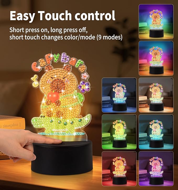 Diamond Painting Night Light, Diamond Painting Kits For Adults Desktop Ornaments For Table Tabletop Decor Diamond Art Accessories For Adult Beginner Touch Lamp for Bedrooms Living Room- Capybara