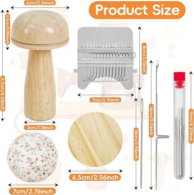 Mini Darning Loom,Mushroom Knit Patch Kit with 14 Hooks Small Weaving Loom 14 Pcs Large Eye Needles 50 Color Threads for Handcraft DIY Weaving Repair Tool Darning Kit for Beginners Mending Jeans Socks