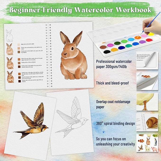 Beginners Watercolor Workbook for Adults -Step-by-Step Coloring Book Set-12 coloring book pages - Includes 16 color blocks and a brush - Professional Watercolor Paper: 300gsm/140lb (Animals)