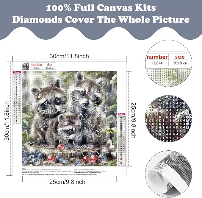 SENQAO 5D Animals Diamond Painting Kits for Adults, Raccoon Family Diamond Art Kits for Adults Beginner, DIY Full Drill Diamond Dot Gem Painting for Home Wall Decor 12x12inch