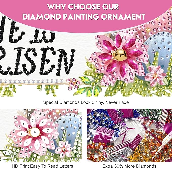 Happy Easter Bunny DIY Hanging Diamond Art Pendant Kit, Special Crystal Diamond Painting Ornament Kits for Adults Beginners, Double Sided Acrylic Board Gem Painting Box Kit, He Is Risen Funny Easter