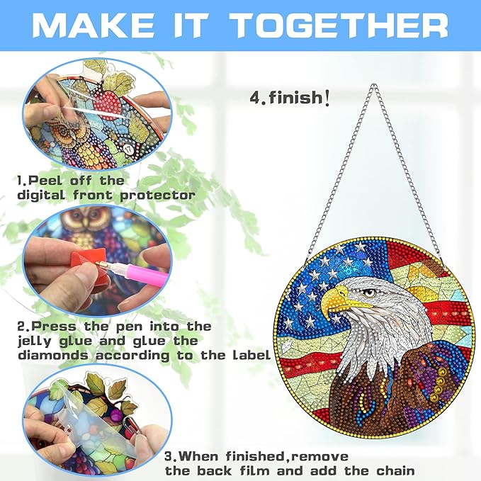 VAIIEYO Eagle Diamond Art Hanging,National Flag Diamond Painting Suncatchers Double Side Window Hanging Kit with Chain, 7.5x7.5 inch Crystal Pendant Art Craft for Gift Home Wall Front Door Decoration