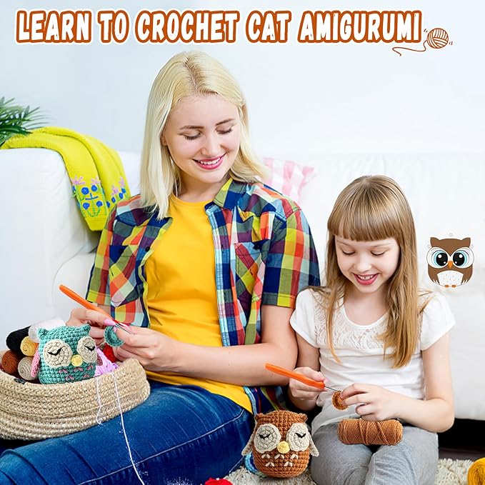 Faircosy 2PCS Beginner Crochet Kit: Amigurumi Crocheting Owls Kits, Starter Kit for Adults and Kids (10Age+) with Detailed Instructions and Tutorial, Suprise Gift for Lover, Family (Blue-Brown)