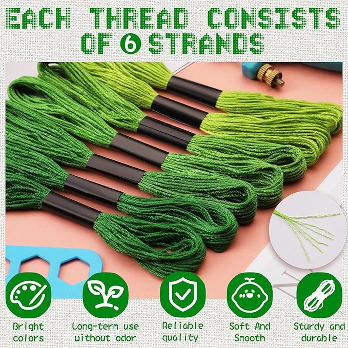 25 Skeins Green Series Cross Floss Stitch Thread, 8m Cotton Embroidery Floss Set with Plastic Bobbins & Needle