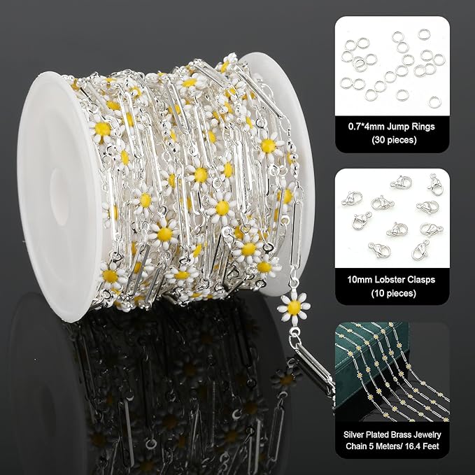 YOUBEIYEE 16.4 Feet Silver Plated Brass Chain for Jewelry Making Silver Paperclip Chain Enamel Daisy Flower Chains Bulk with Jump Rings Lobster Clasps