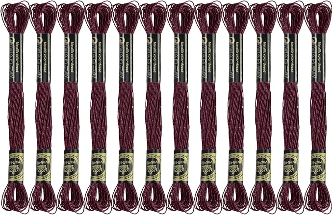 12 Skeins Embroidery Floss, Maroon Metallic Embroidery Thread Polyester Cross-Stitch Threads for Hand Embroidery String Art DIY Creation