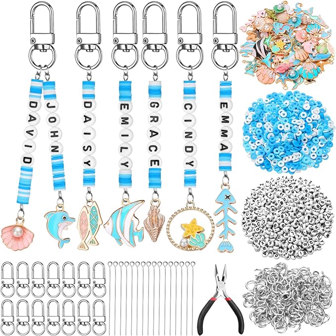 Tondiamo 2823 Pcs Ocean Beach Keychain Making Kit DIY Craft Sea Themed Key Ring Seashell Starfish Mermaid Charms Letters Beads String for Gift Jewelry Key Ring Backpack Accessories