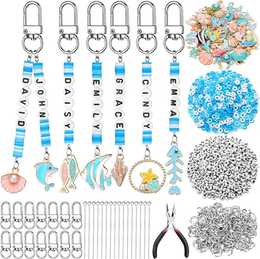 Tondiamo 2823 Pcs Ocean Beach Keychain Making Kit DIY Craft Sea Themed Key Ring Seashell Starfish Mermaid Charms Letters Beads String for Gift Jewelry Key Ring Backpack Accessories