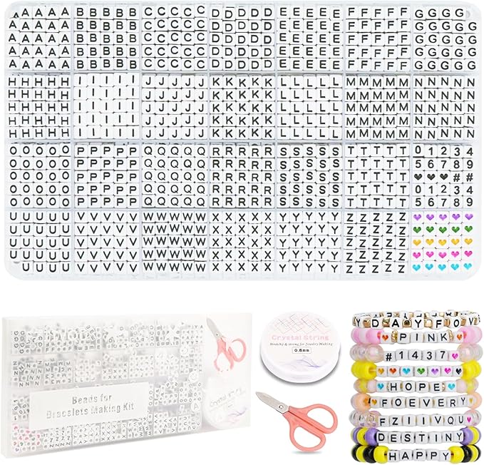 1400 Pcs Letter Beads Kit, 28 Styles White Acrylic Alphabet Beads Letter Beads for Jewelry Making wiht Number Beads Heart Beads Friendship Bracelet Kit