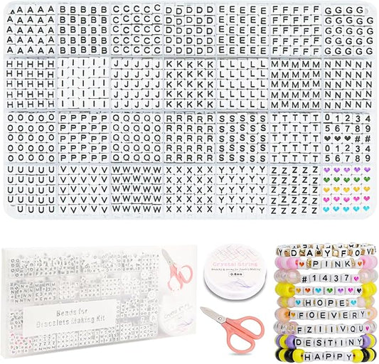 1400 Pcs Letter Beads Kit, 28 Styles White Acrylic Alphabet Beads Letter Beads for Jewelry Making wiht Number Beads Heart Beads Friendship Bracelet Kit