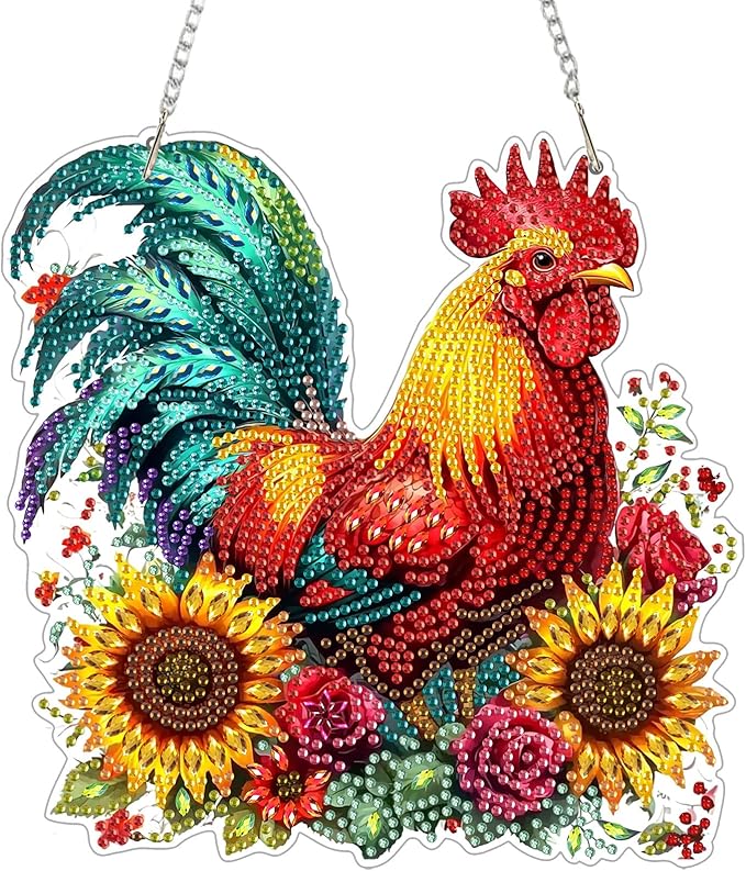 Chicken Diamond Art Hanging Kits for Adults, Rooster Diamond Painting Pendant Kits, DIY Acrylic 5D Special Shaped Crystal Diamonds Gem Art Painting Ornament for Home Wall Decor Gift 8x8 Inch