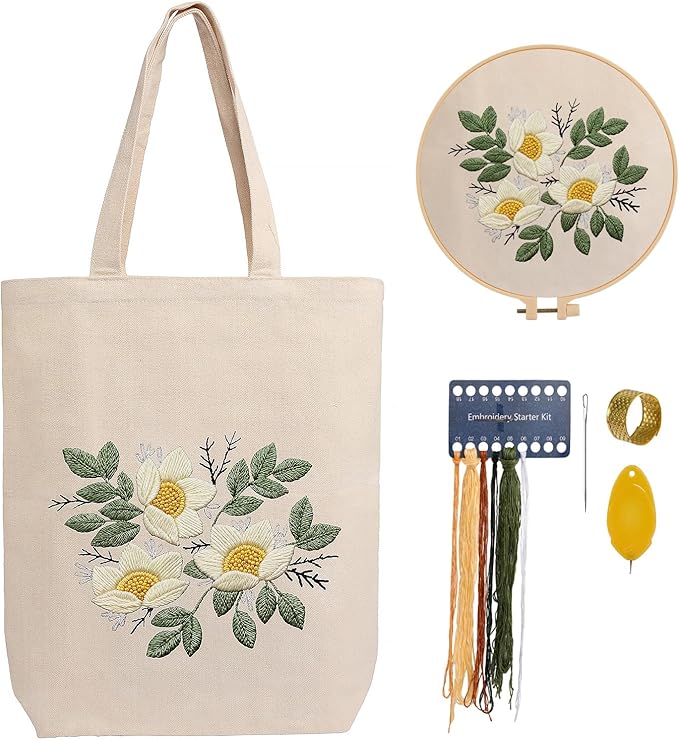 CREAWONDER Canvas Tote Bag Embroidery Kit with Pattern for Beginners, Arts and DIY Embroidery Crafts Kits for Adults, Include Instructions, Embroidery Hoops, Color Threads and Tool