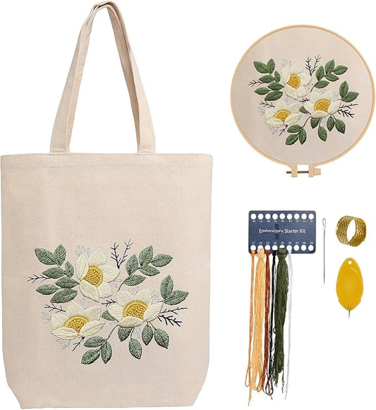 CREAWONDER Canvas Tote Bag Embroidery Kit with Pattern for Beginners, Arts and DIY Embroidery Crafts Kits for Adults, Include Instructions, Embroidery Hoops, Color Threads and Tool