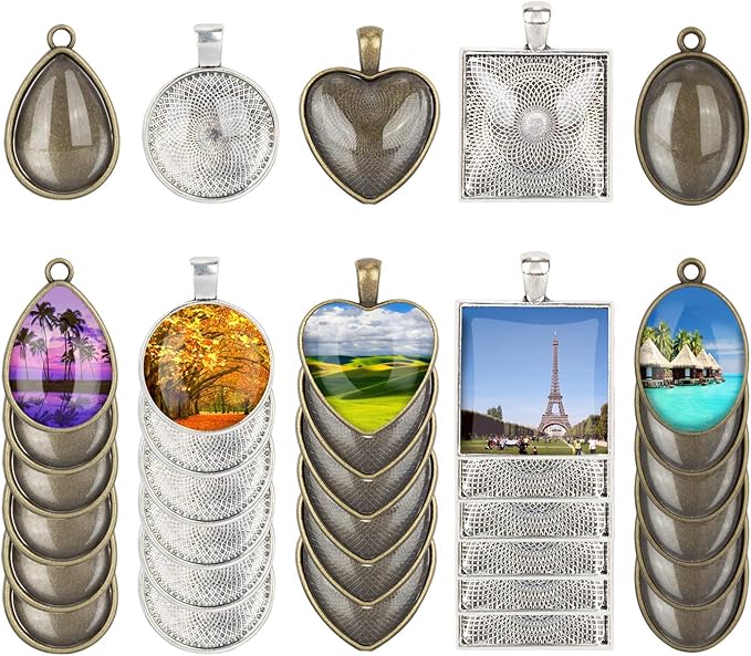 60 Pieces 5 Styles Pendant Trays 30pcs Round & Square & Heart & Teardrop & Oval and 30pcs Bright Glass Cabochon Dome Tiles for Crafting DIY Jewelry Gift Making