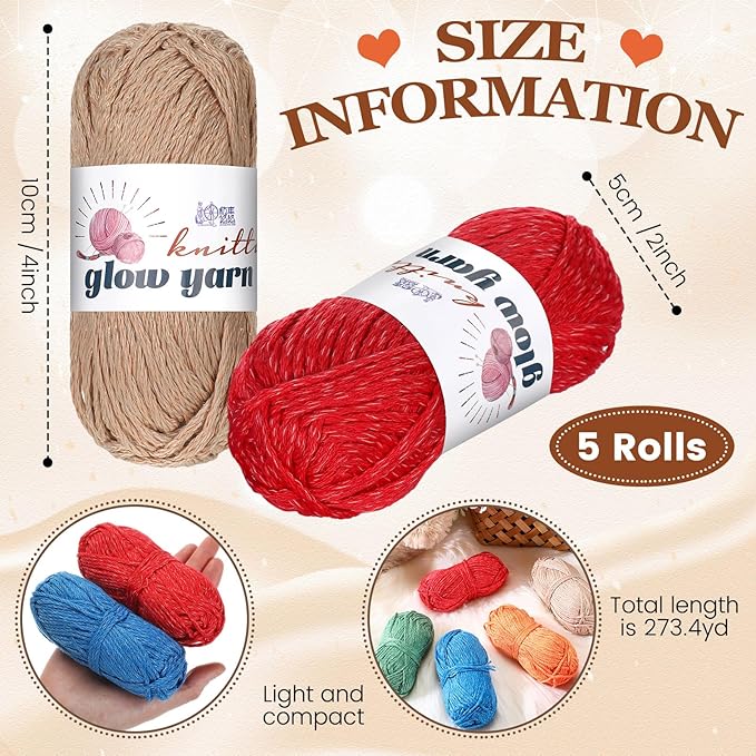 WILLBOND 5 Rolls Glow in The Dark Magic Yarn Luminous Neon Crochet Yarn for Crocheting DIY Knitting Glow Fingering Sewing Supplies for Crafts Sewing Party 54.7 yd Per Roll (Multiple Colors)