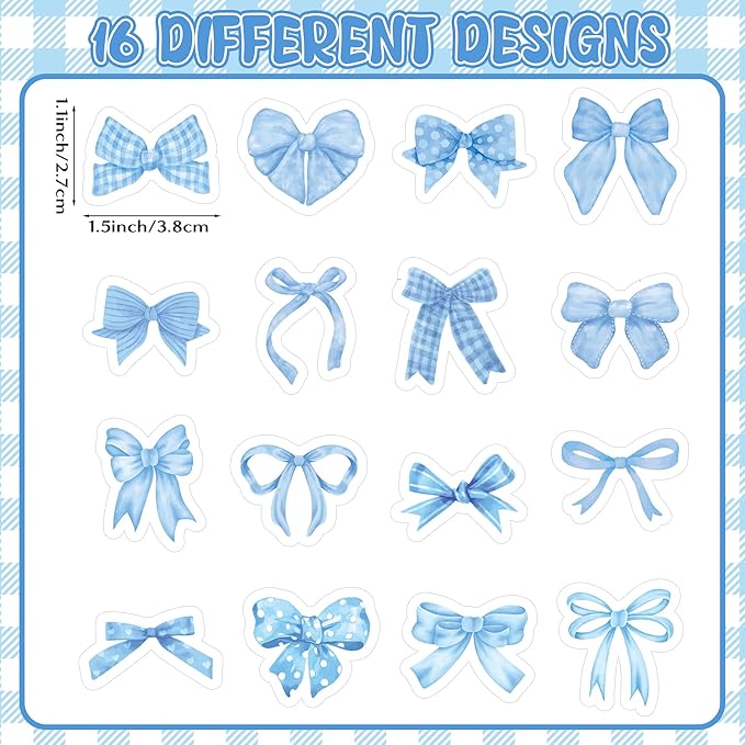 beyumi blue bows sticker roll - 1000pcs coquette blue bow stickers in 2 rolls waterproof vinyl girly aesthetic bowknot decal for gift laptop bottle scrapbooking luggage computer envelope decor for kid