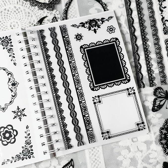 130 Pcs Vintage Black White Lace Scrapbook Stickers - Classic Butterfly Feather Heart Embellishments for DIY Journal Wedding Photo Album Craft Decor, Fade-Resistant Waterproof Reusable