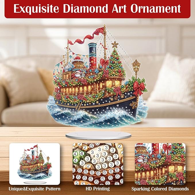 LAKEQUILL Christmas Diamond Art Painting Kits, Tabletop Ornament, Stand Up Diamond Art Desktop Kits for Home Office Decor, New Year Gift - Xmas Sailboat