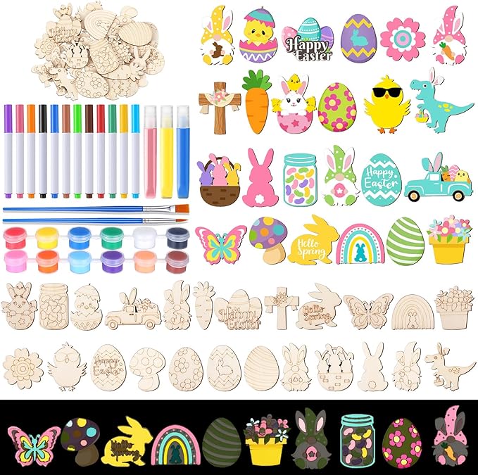 Relaxweex 24 Pcs Easter Spring Wooden Magnets Painting Craft Kit Glow in the Dark Spring DIY Art Crafts Supplies Fridge Magnets Coloring Kits for Easter Home Activities Gifts Party