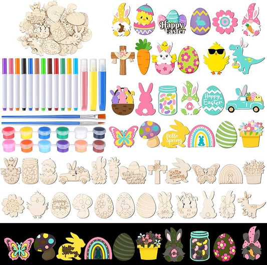 Relaxweex 24 Pcs Easter Spring Wooden Magnets Painting Craft Kit Glow in the Dark Spring DIY Art Crafts Supplies Fridge Magnets Coloring Kits for Easter Home Activities Gifts Party
