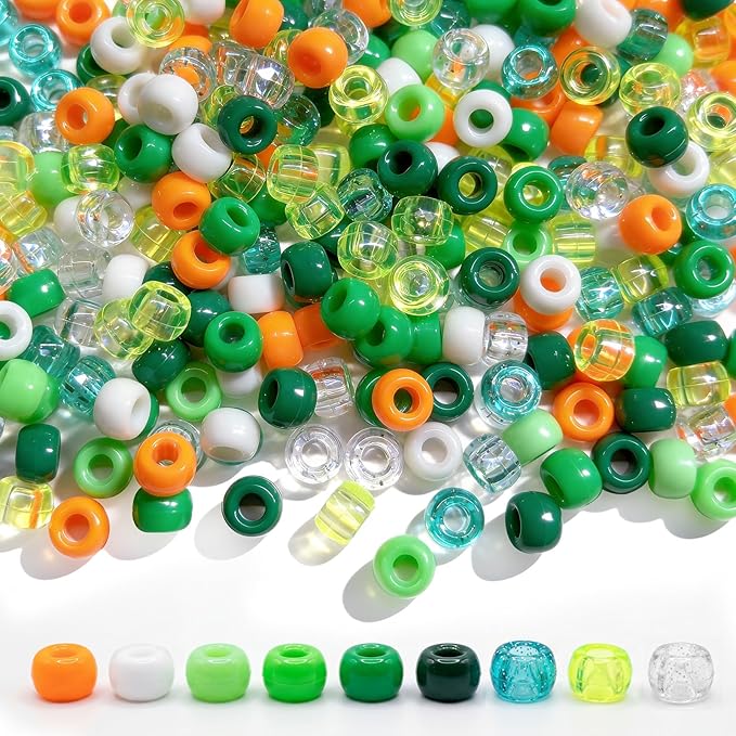 Spring Nature Pony Beads 1000pcs, Green Orange White Glitter Bead Mix, 9mm Craft Beads for Bracelets, Jewelry Making, DIY Shamrock Decorations, Crafts Party Kit