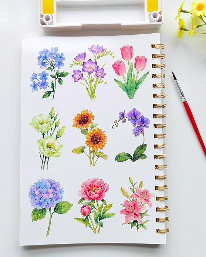 Watercolor Workbook15 Beautiful Flowers Paintings for Adults &Teens Beginners,Water Coloring Book 140lb Cold Press Cotton Watercolor Paper-Ideal Gifts to Spark Creativity Stress Relief(10.2" x 6.9")