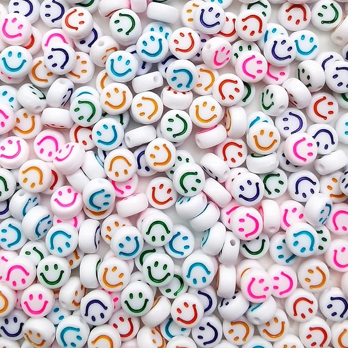 Amaney 500pcs Smiley Face Beads 7x4mm Colorful On White Happy Face Spacer Beads for DIY Jewelry Making Bracelet Earring Necklace Craft