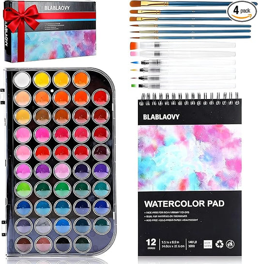 Watercolor Paint, 48 Colors Washable Paint Set, 6 Brush, 6 Refillable Water Brush Pen, Drawing Pad, Palette, Painting sets for Artists Beginners Adult, Water Color Paint Sets for Kids