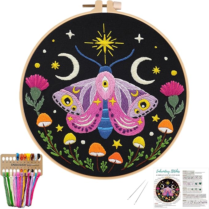 Nuberlic Moth Embroidery Kit for Beginners -Easy Cross Stitch Kits- Complete Embroidery Starter Set with Hoop, Pre-Printed Fabric, Threads & Needles