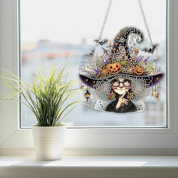 SENQAO Grandma Diamond Art Hanging Kits for Adults Kids, Acrylic Diamonds Painting Pendant Board Kits Halloween, Diamond Art Painting Window Pendants Home Garden Wall Hanging Kits Hanging Ornament