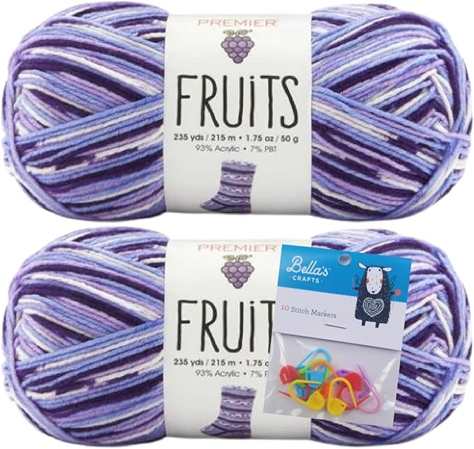 Premier Yarns Fruits, Acrylic Sock Yarn, 2-Pack Bundled with Bella's Crafts Stitch Markers (Grape)