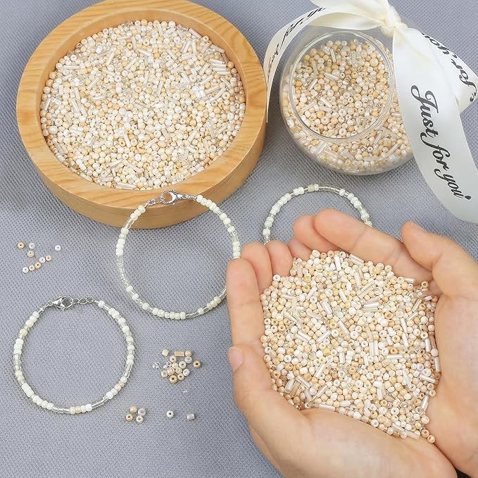 DUQGUHO 4mm Glass Seed Beads Kit Off-White Beads for Jewelry Making 15 Color 3mm 2mm Small Plastic Tube Bead for Bracelets Craft DIY