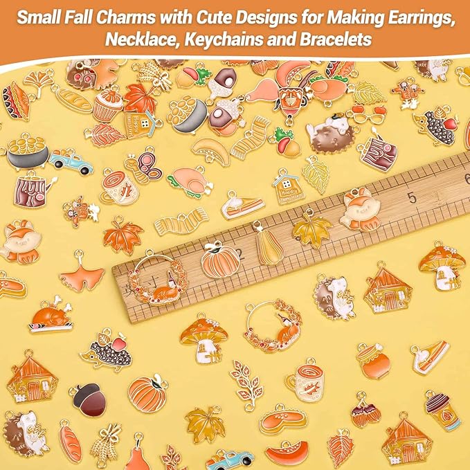 100Pcs 50 Pairs Fall Charms for Jewelry Making and Bracelets, Thanksgiving Autumn Charms Gold Enamel Jewelry Pendants for Earring Bracelet Necklace Crafts Making