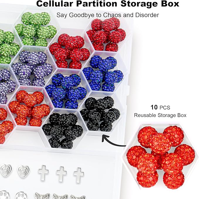 223Pcs 10mm Rhinestone Beads Kit for Jewelry Making, 10 Colors Round Disco Ball Sparkly Beads with Cross Charms and Accessories for DIY Baseball Necklace Bracelet Earring Crafting