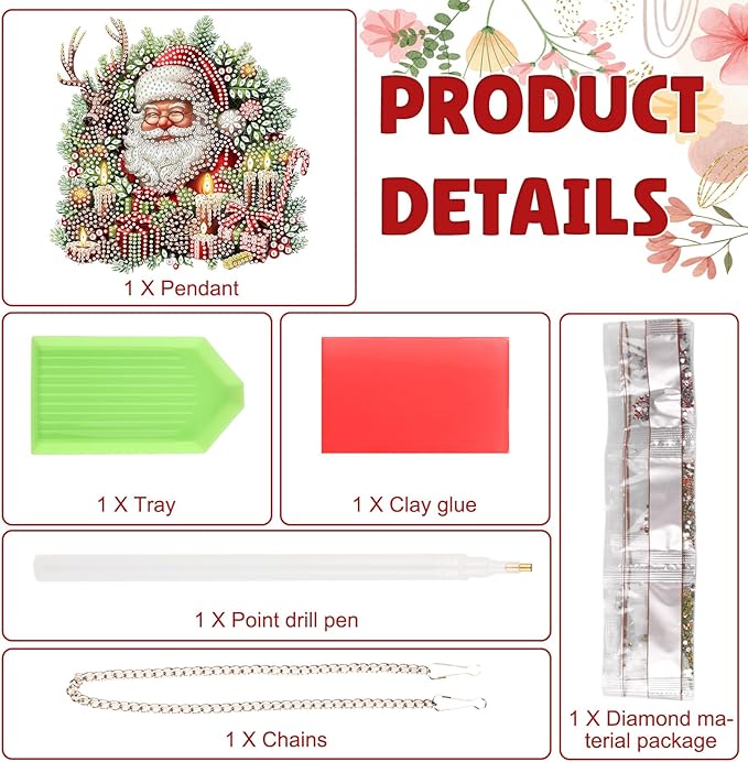 DOMROM Santa and Elk Diamond Art Hanging Kits for Adults Beginners, Christmas Special Shaped Crystal Diamond Painting Santa Pendant, DIY Diamond Art Suncatchers for Home Garden Wall Decor Gift