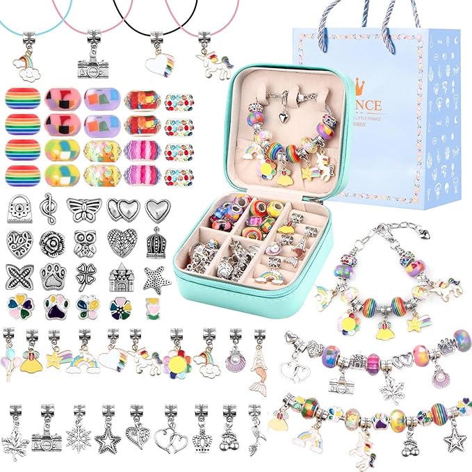 UFU Charm Bracelet Making Kit, Jewelry Making Kit Craft Gift for Girls 5 6 7 8-12, A Sweet Birthday Gift to Inspire Imagination & Creativity, with Portable Jewelry Box