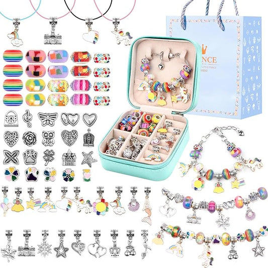 UFU Charm Bracelet Making Kit, Jewelry Making Kit Craft Gift for Girls 5 6 7 8-12, A Sweet Birthday Gift to Inspire Imagination & Creativity, with Portable Jewelry Box